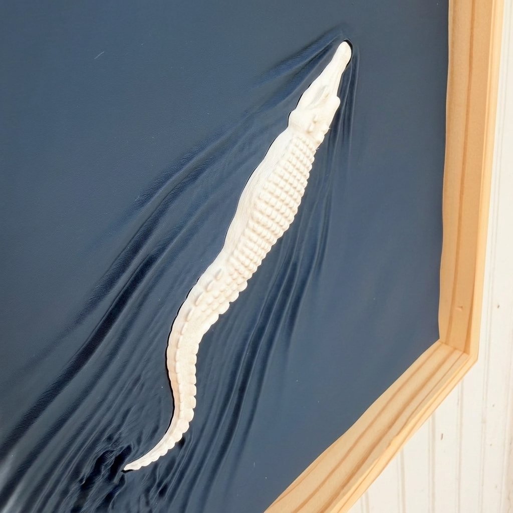 Macro detail of a 3D printed white alligator relief and sculpted navy wake