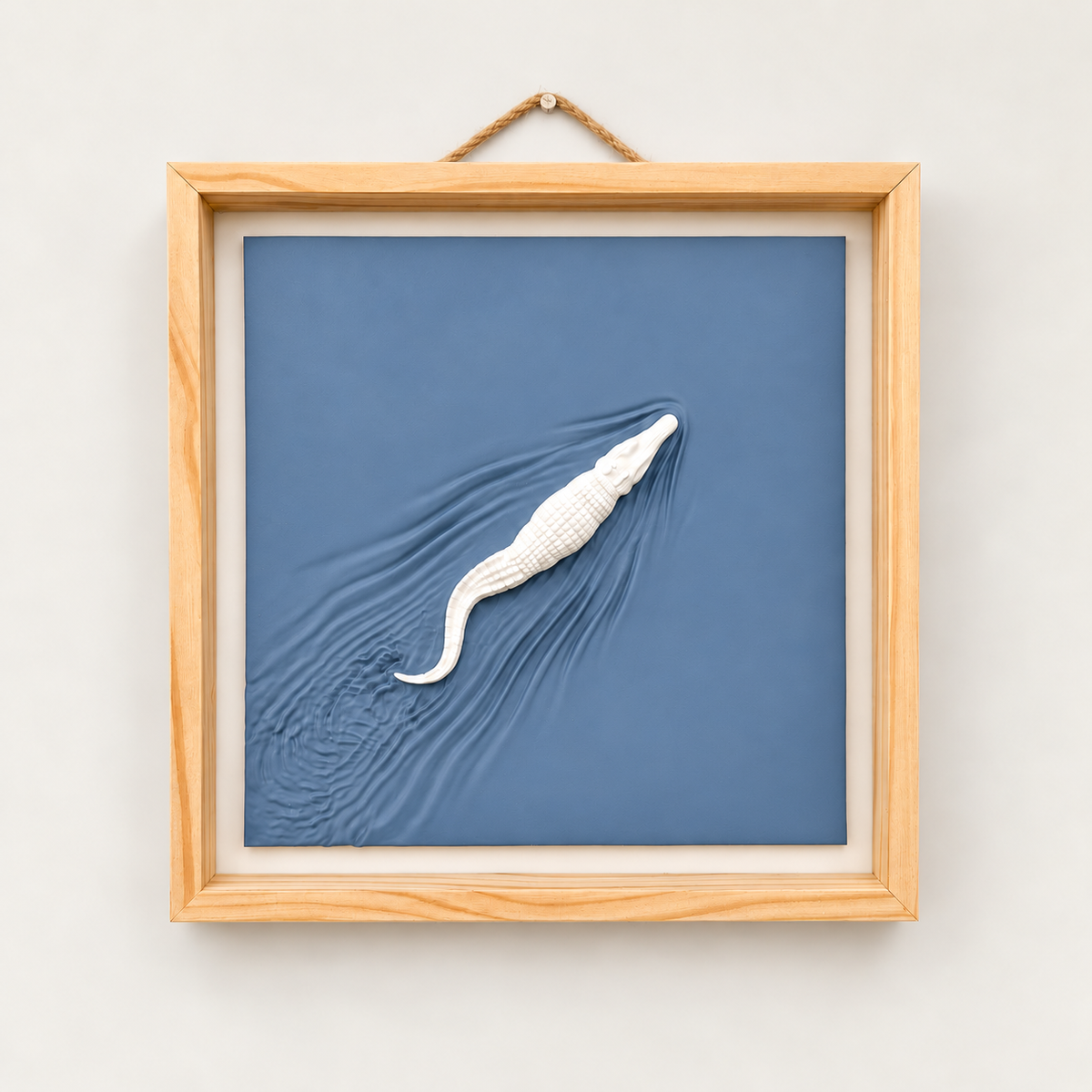 Alligator wall art in Dusty Blue with a white alligator and natural pine frame — front view