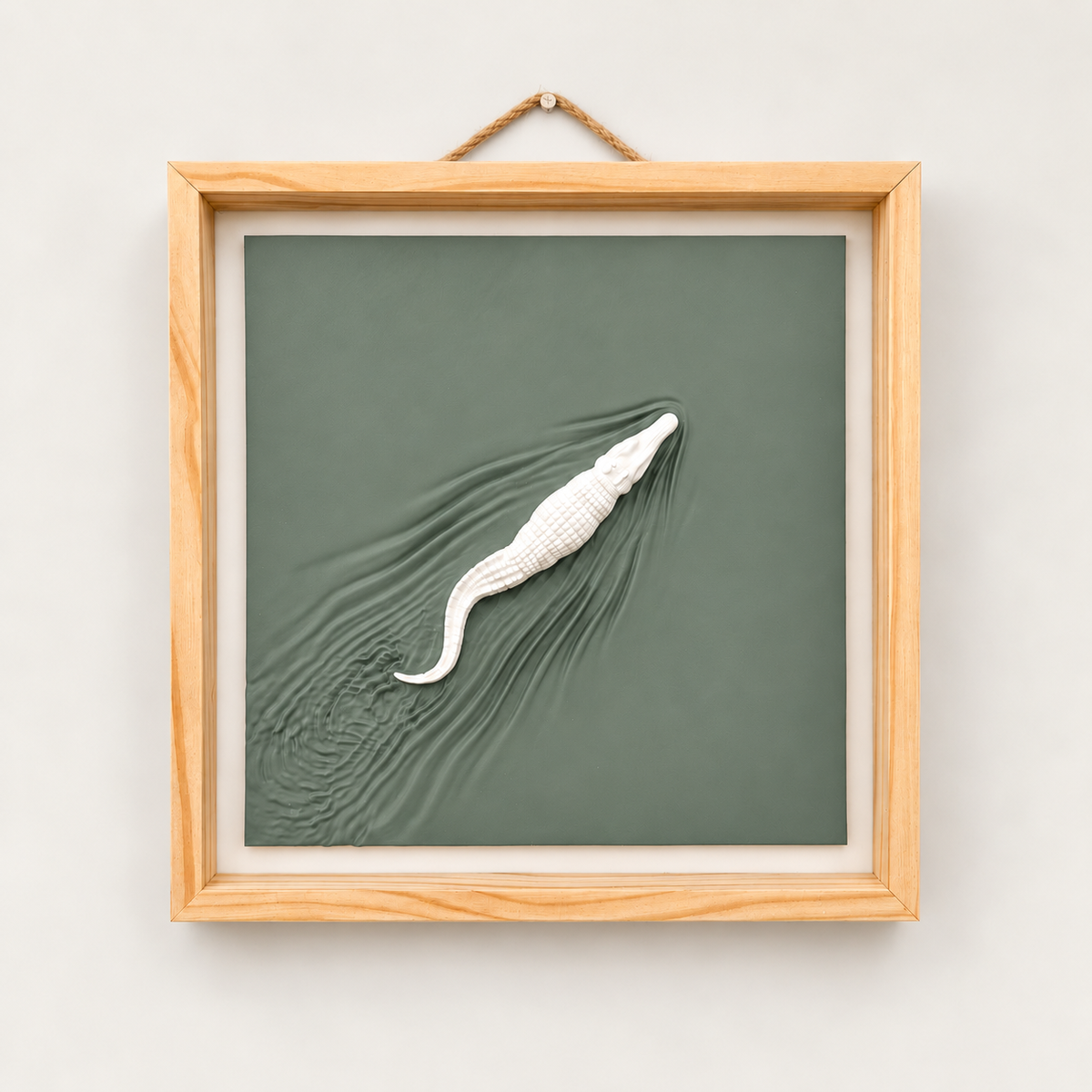 Alligator wall art in Sage with a white alligator and natural pine frame — front view
