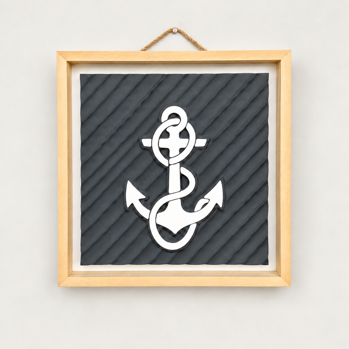 Anchor wall art — Charcoal panel, view 1, white anchor and natural wood frame