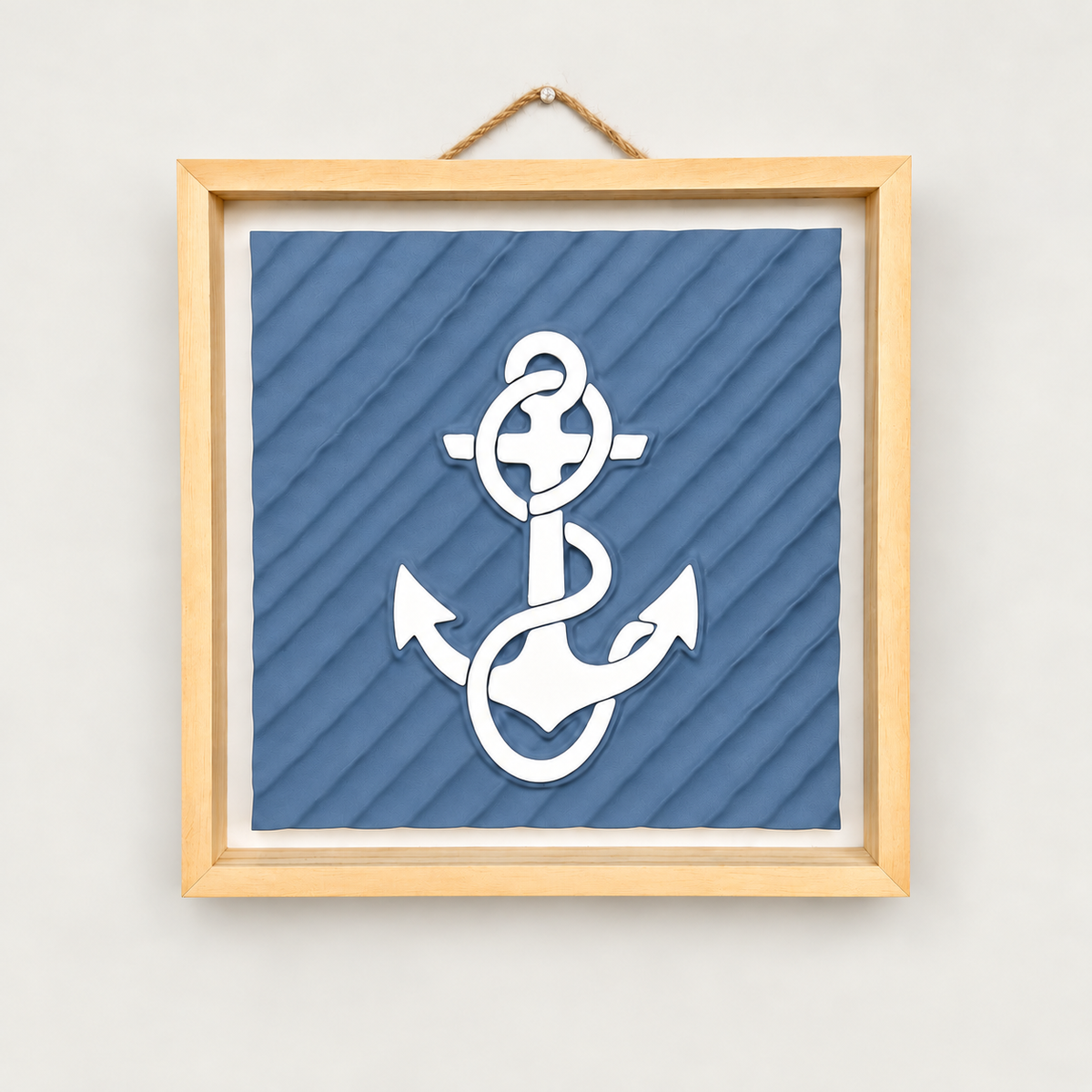 Anchor wall art — Dusty Blue panel, view 1, white anchor and natural wood frame