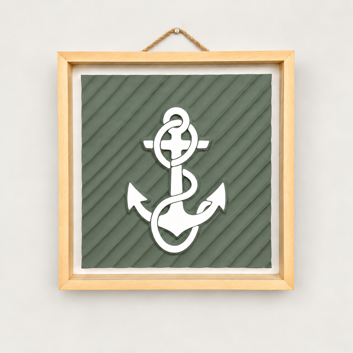 Anchor wall art — Sage panel, view 1, white anchor and natural wood frame