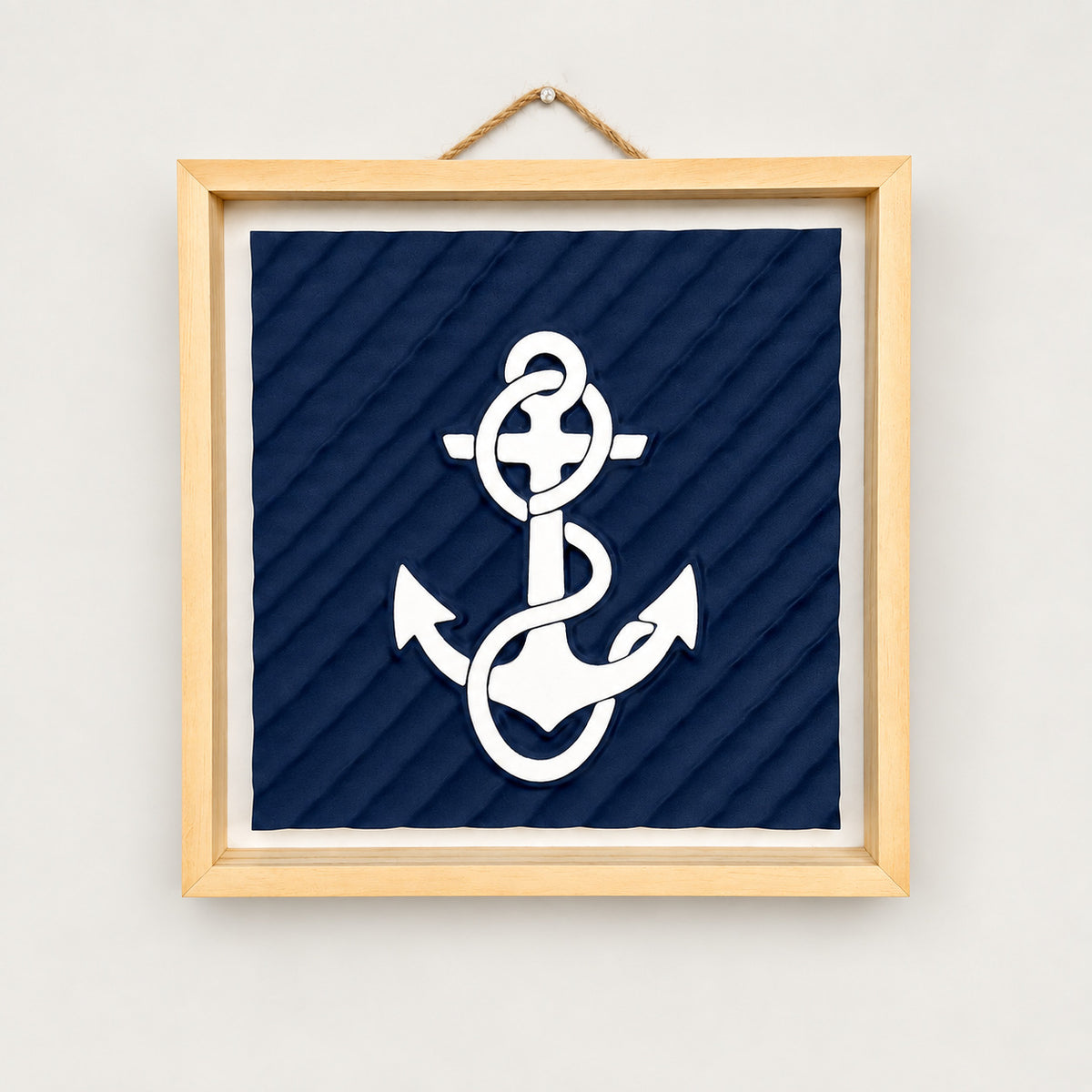 Anchor Wall Art, full product view with natural wood frame and rope hanger
