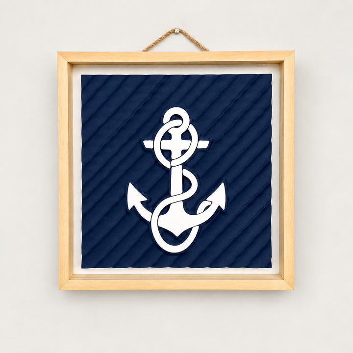 Anchor Wall Art, full product view with natural wood frame and rope hanger