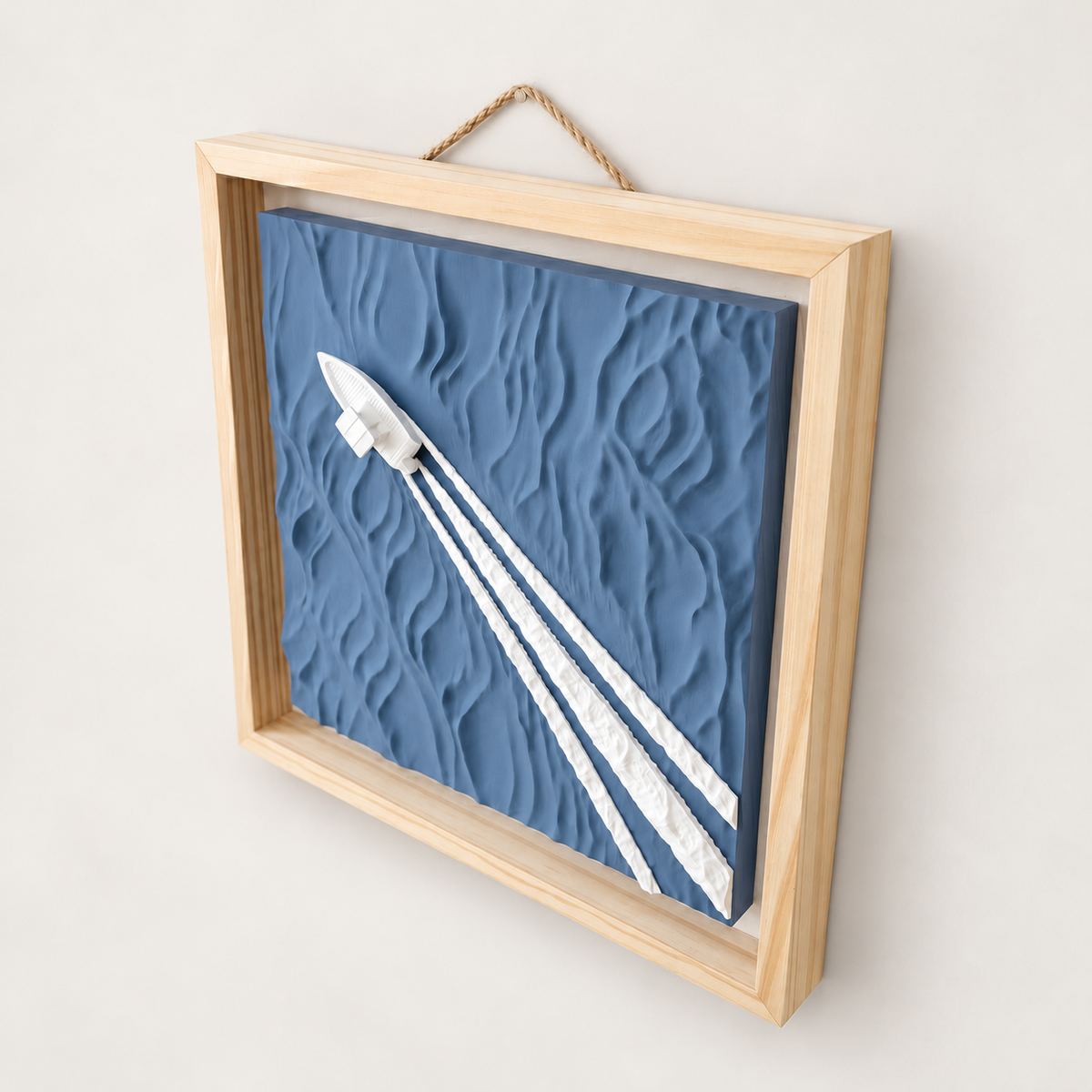 Boat Wake wall art — Dusty Blue panel, view 1, white boat and wake with natural wood frame