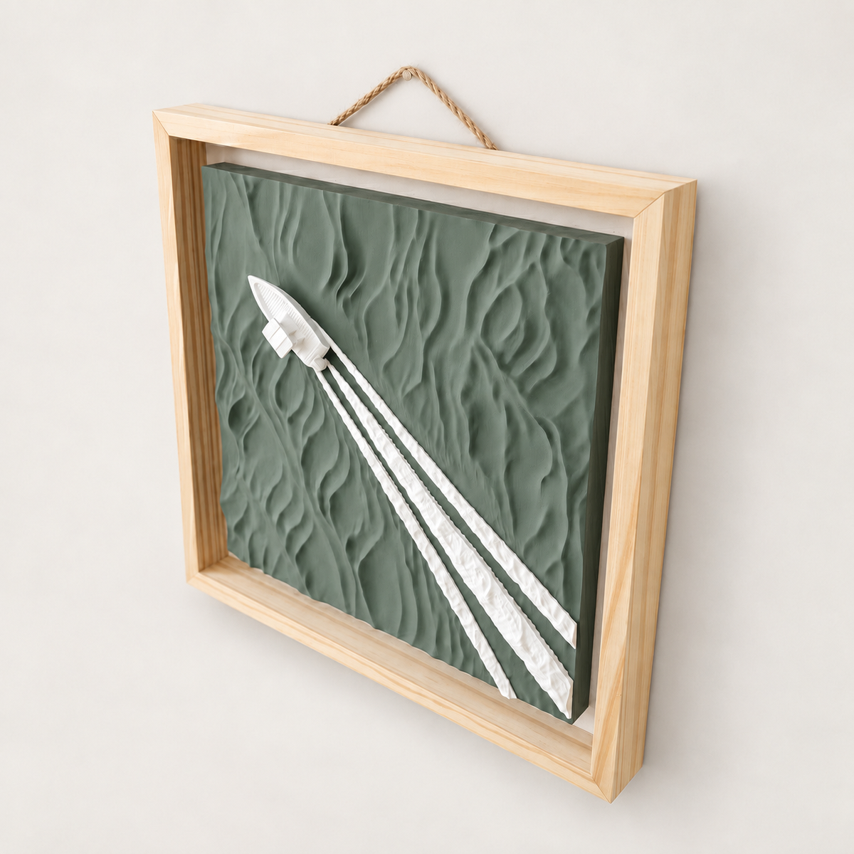 Boat Wake wall art — Sage panel, view 1, white boat and wake with natural wood frame