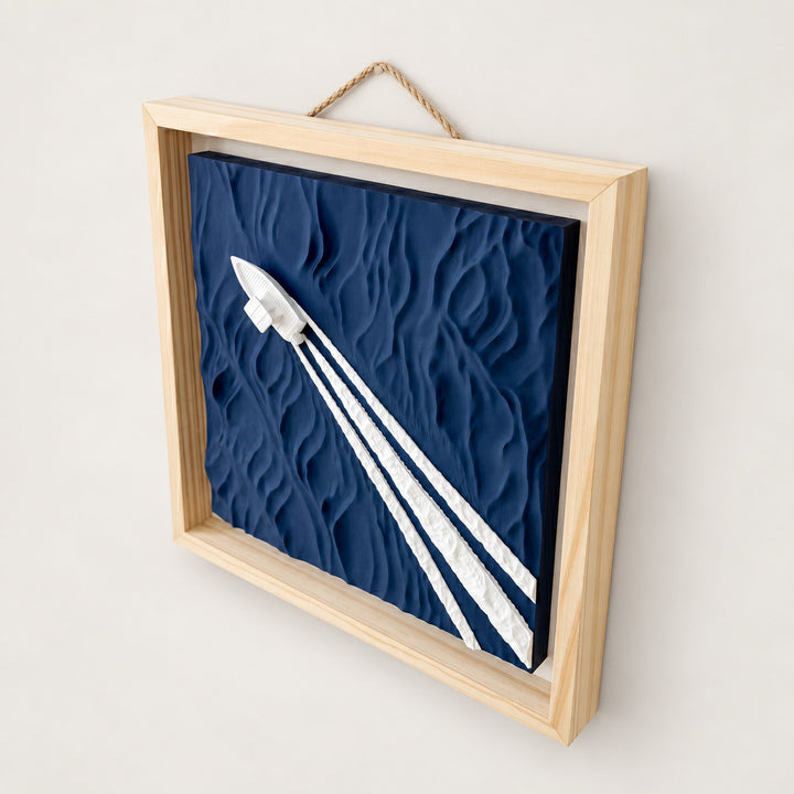 Boat Wake Wall Art, full product view with natural wood frame and rope hanger