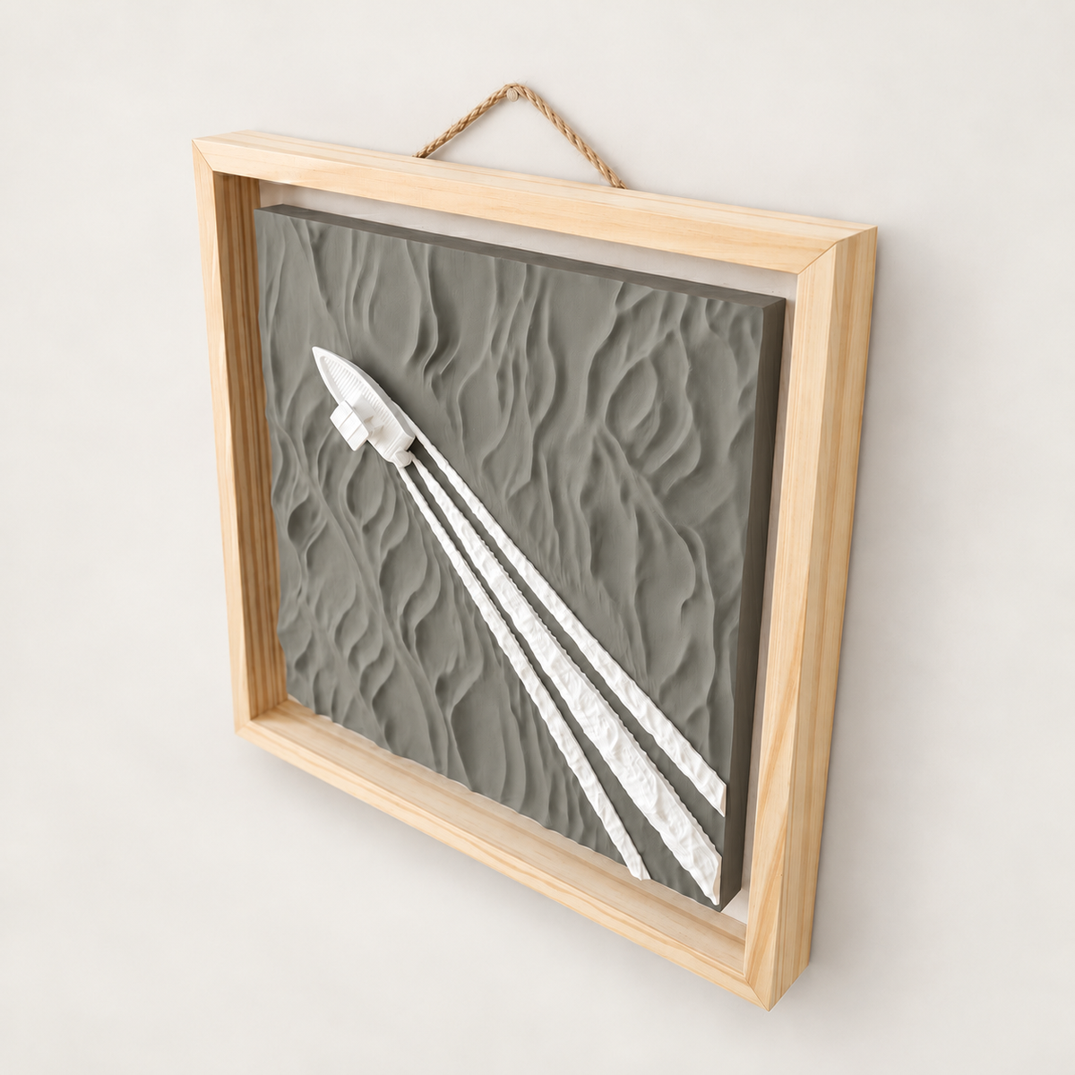 Boat Wake wall art — Warm Stone panel, view 1, white boat and wake with natural wood frame