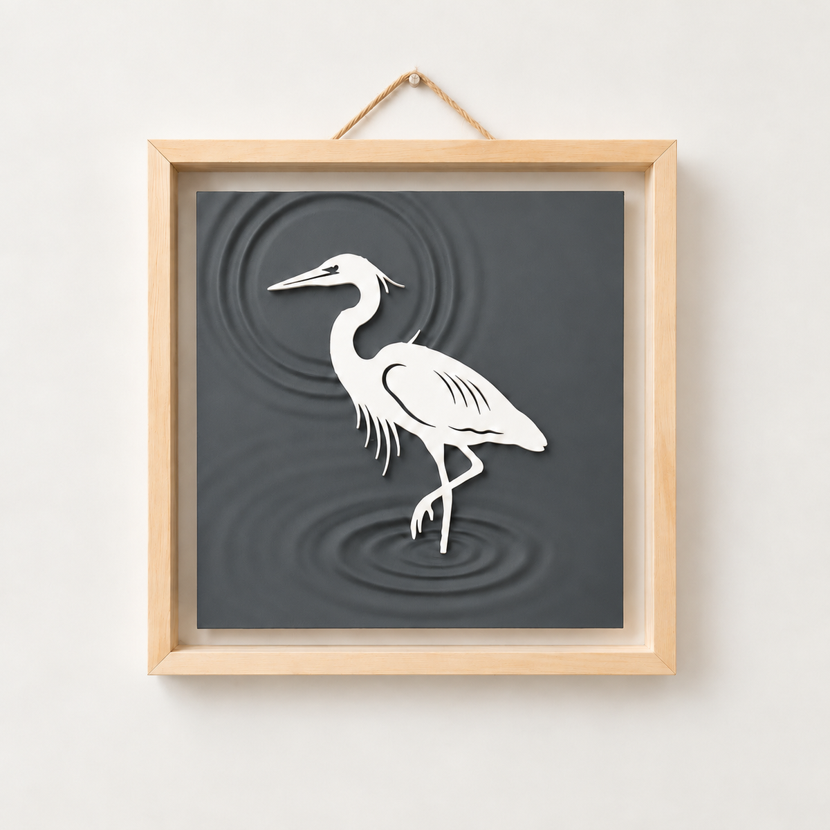 Heron Wall Art in Charcoal; Heron Wall Art, full product view with natural wood frame and rope hanger