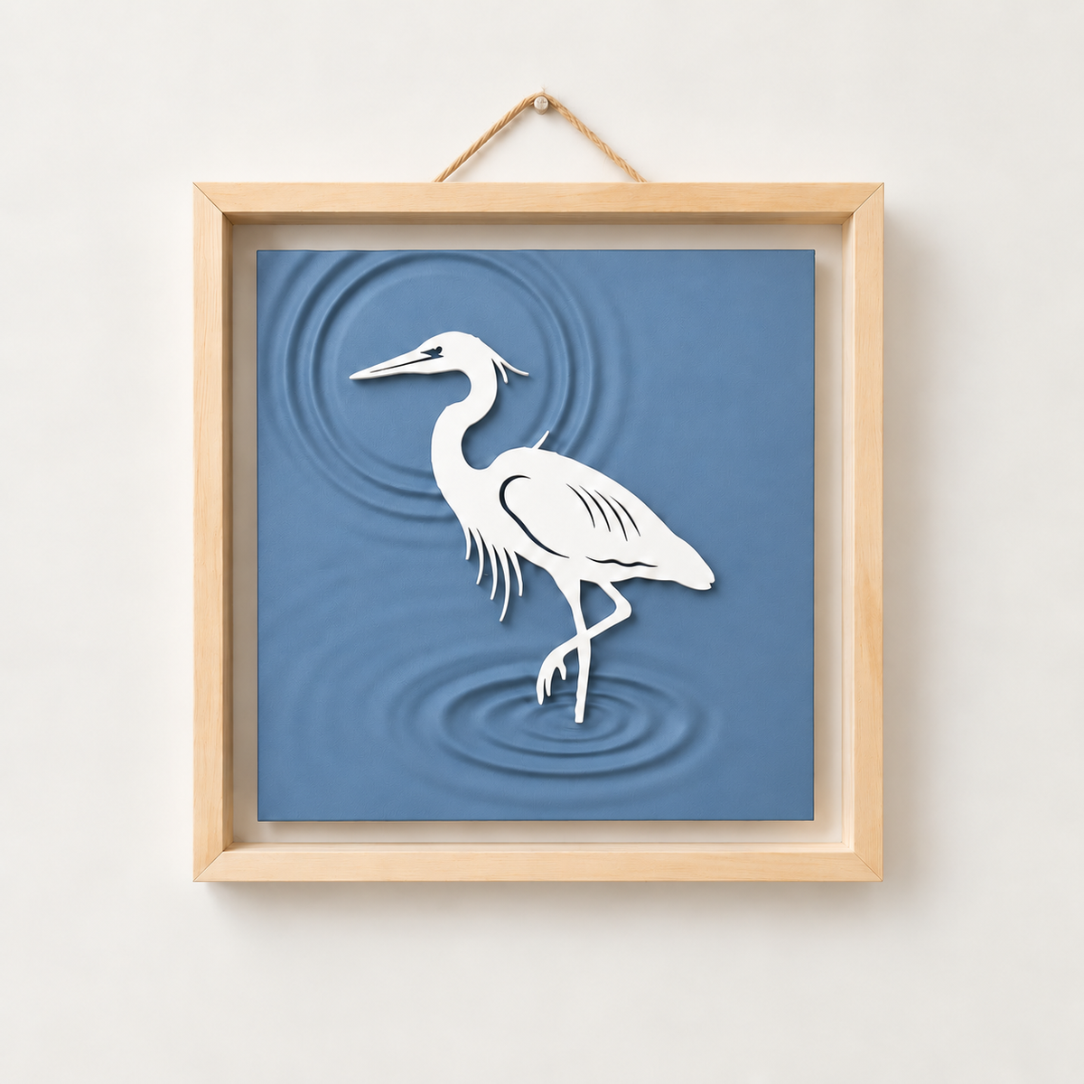 Heron Wall Art in Dusty Blue; Heron Wall Art, full product view with natural wood frame and rope hanger