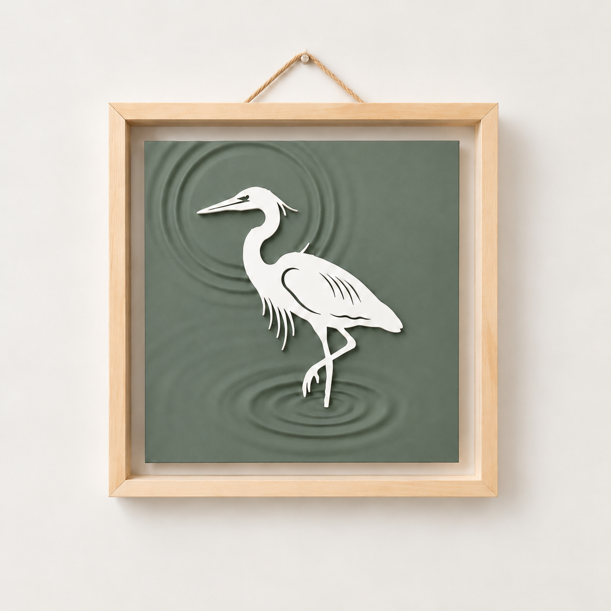 Heron Wall Art in Sage; Heron Wall Art, full product view with natural wood frame and rope hanger