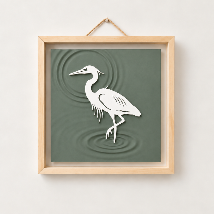 Heron Wall Art in Sage; Heron Wall Art, full product view with natural wood frame and rope hanger