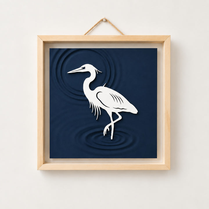 Heron Wall Art, full product view with natural wood frame and rope hanger