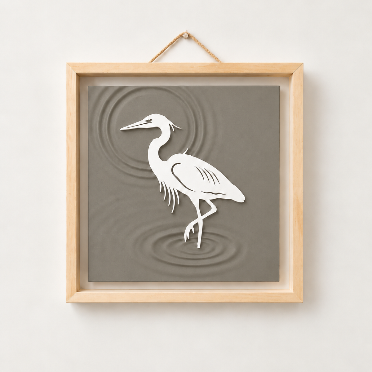 Heron Wall Art in Warm Stone; Heron Wall Art, full product view with natural wood frame and rope hanger