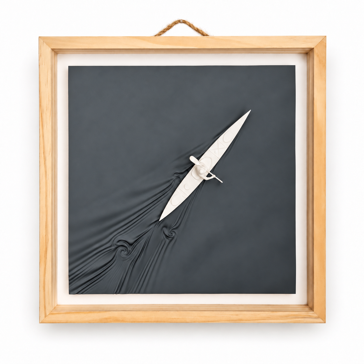 Kayaker wall art — Charcoal panel, view 1, white relief and natural wood frame
