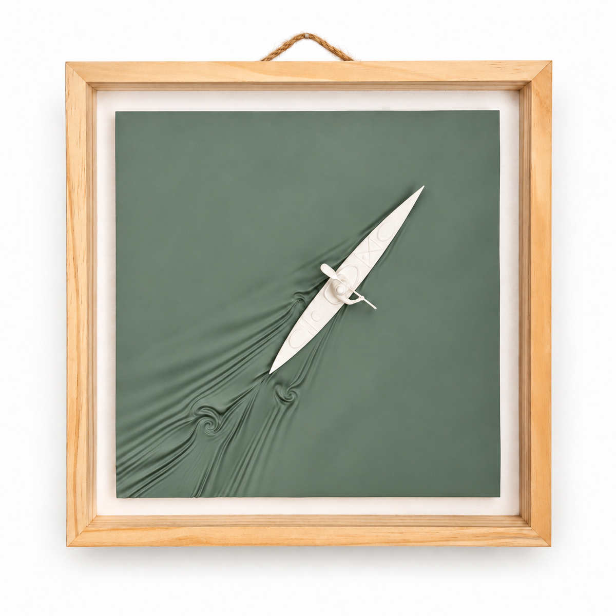 Kayaker wall art — Sage panel, view 1, white relief and natural wood frame