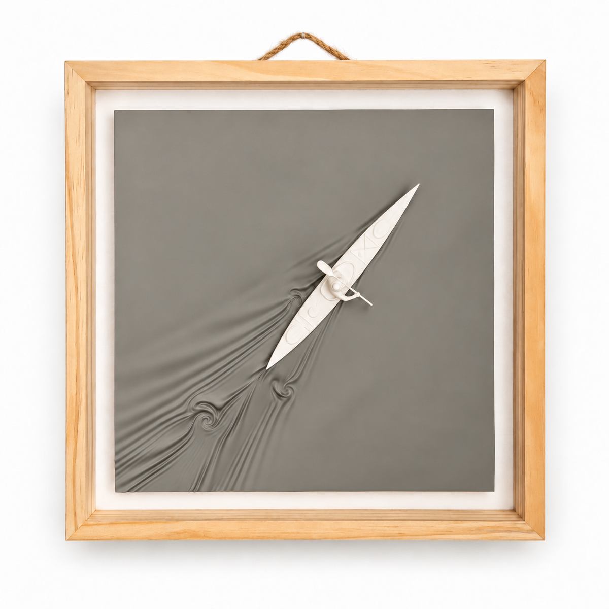Kayaker wall art — Warm Stone panel, view 1, white relief and natural wood frame