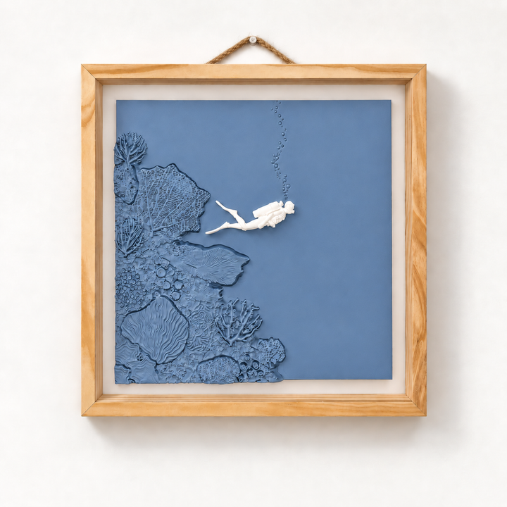 Scuba Diver wall art — Dusty Blue panel, view 1, white relief and natural wood frame