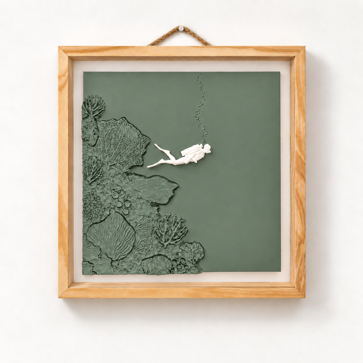 Scuba Diver wall art — Sage panel, view 1, white relief and natural wood frame