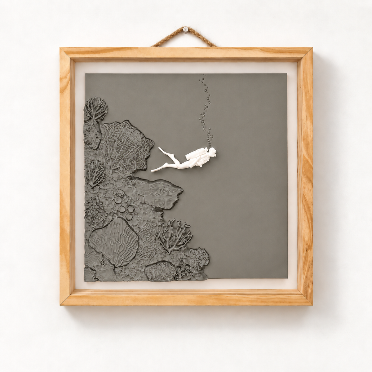 Scuba Diver wall art — Warm Stone panel, view 1, white relief and natural wood frame