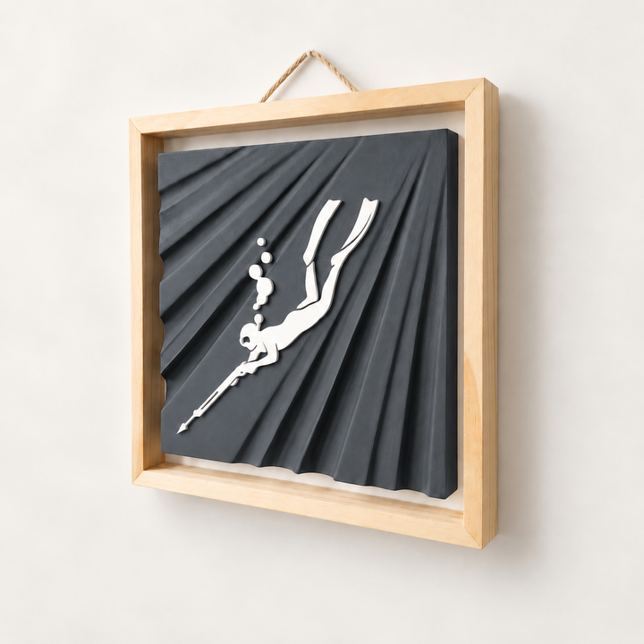Spearfishing wall art — Charcoal panel, view 1, white freediver and natural wood frame