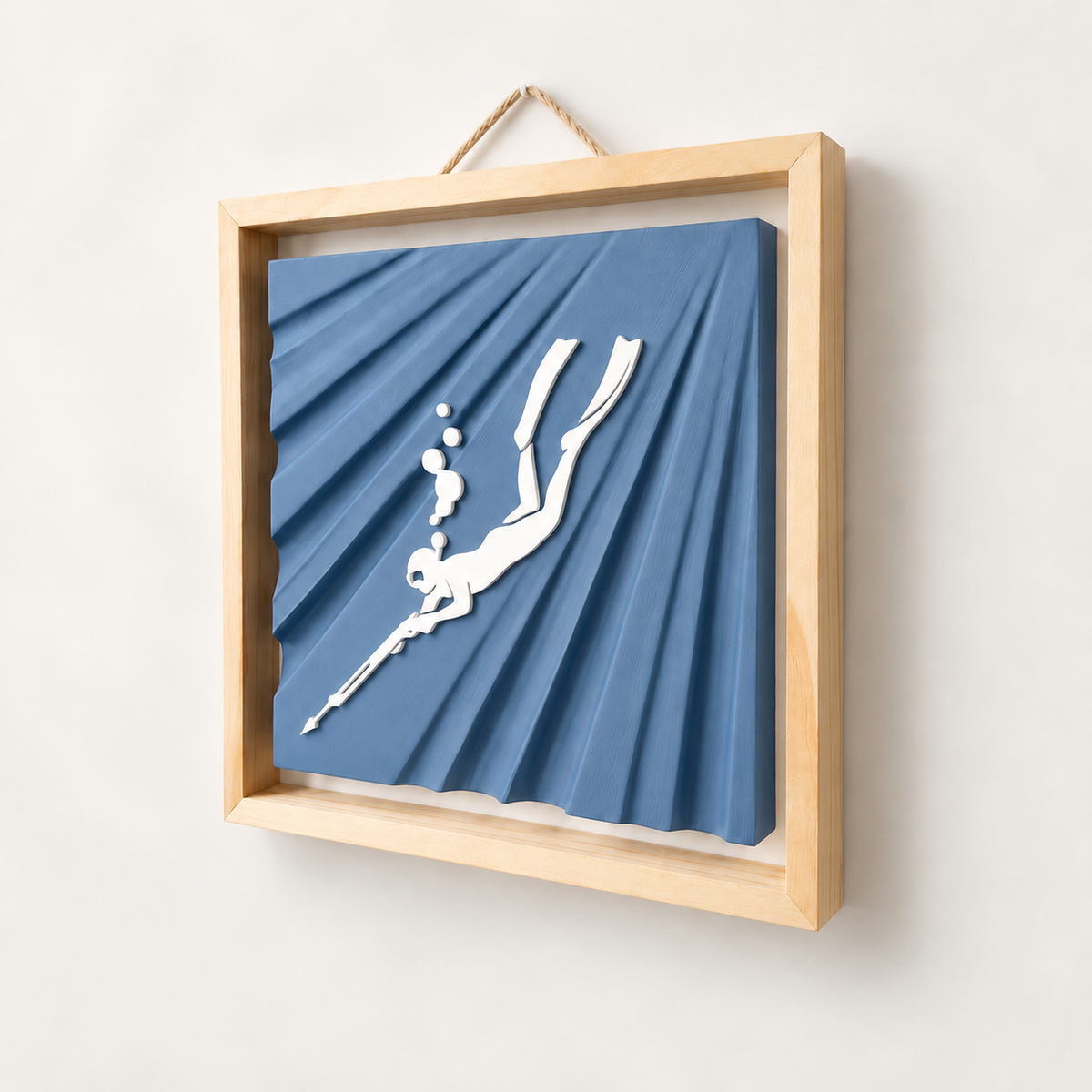 Spearfishing wall art — Dusty Blue panel, view 1, white freediver and natural wood frame