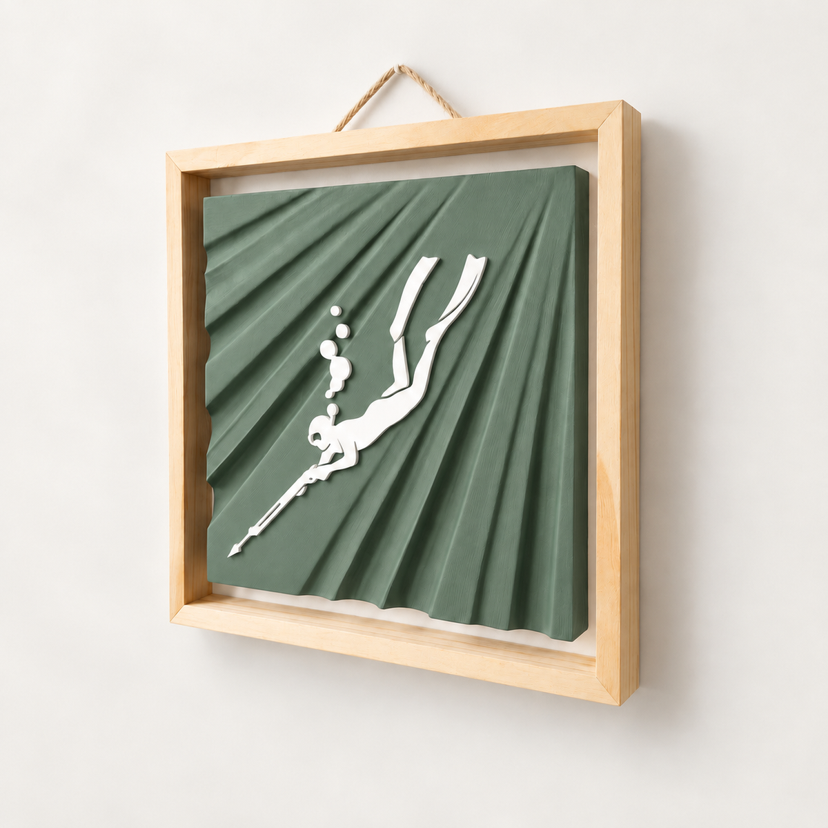 Spearfishing wall art — Sage panel, view 1, white freediver and natural wood frame