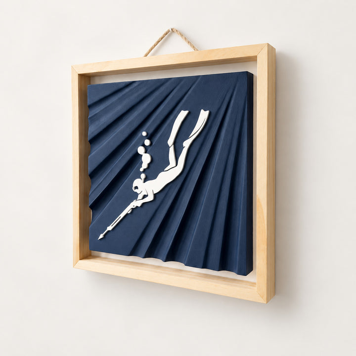 Spearfishing Wall Art, full product view with natural wood frame and rope hanger