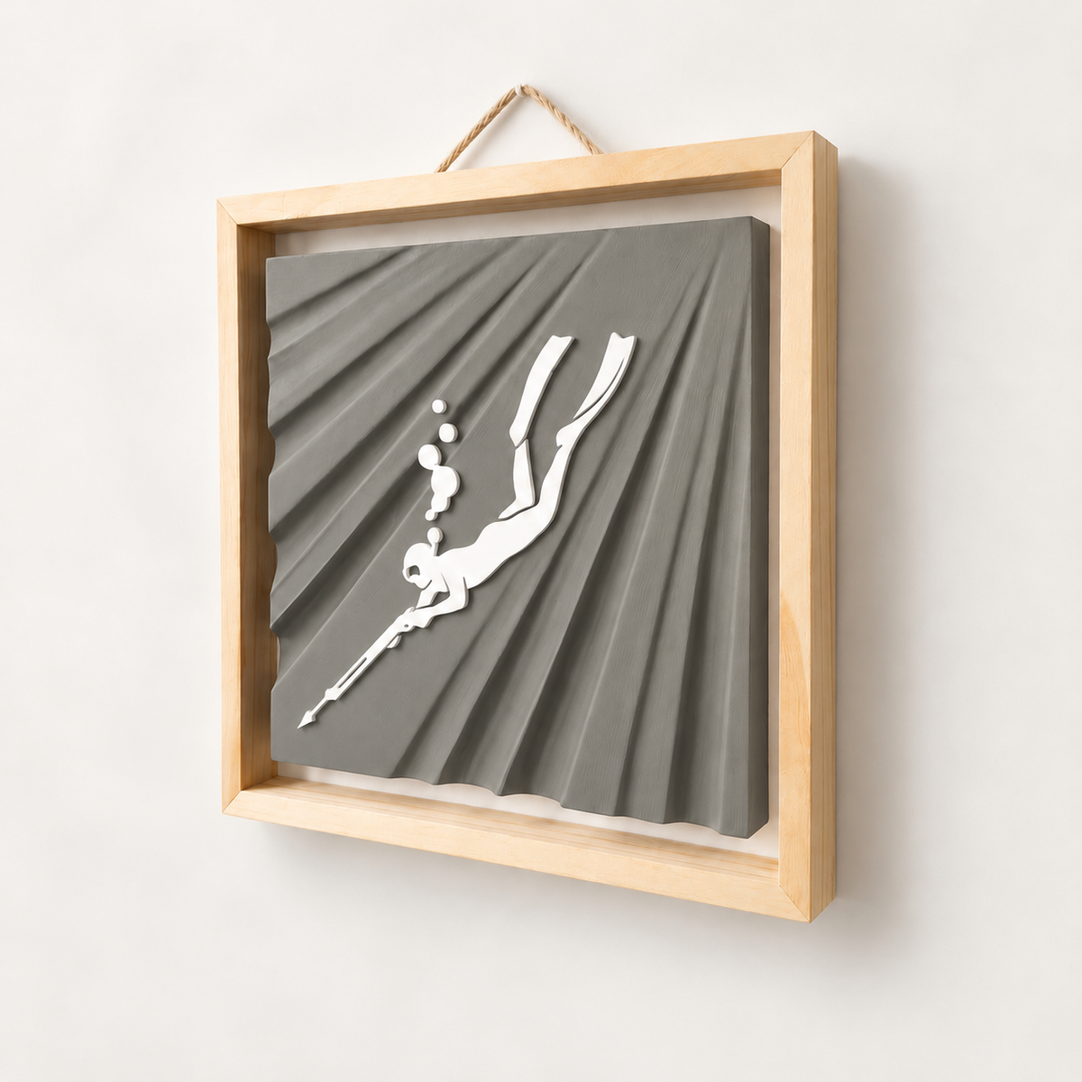 Spearfishing wall art — Warm Stone panel, view 1, white freediver and natural wood frame