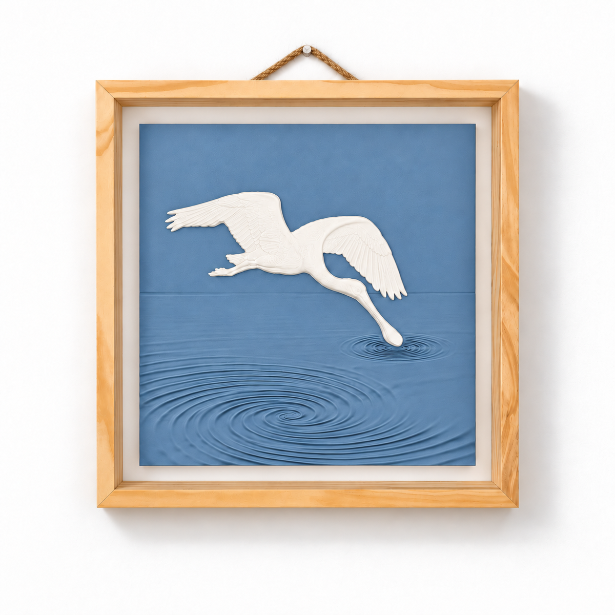 Front view of white spoonbill wall art above sculpted Dusty Blue water ripples in a natural wood frame — Dusty Blue panel