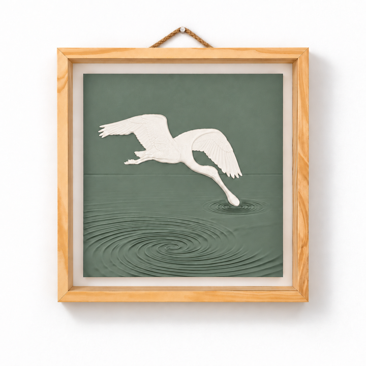 Front view of white spoonbill wall art above sculpted Sage water ripples in a natural wood frame — Sage panel