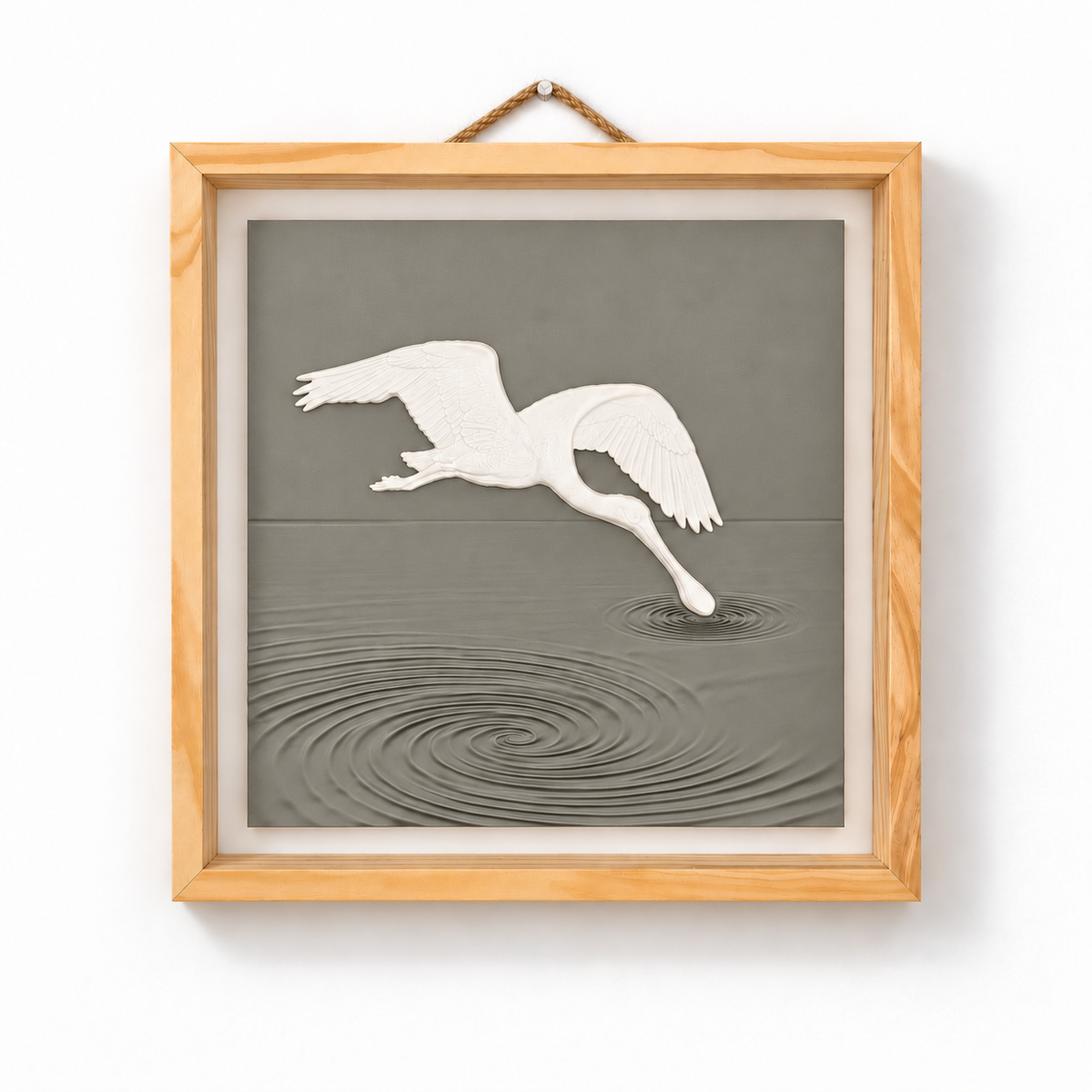 Front view of white spoonbill wall art above sculpted Warm Stone water ripples in a natural wood frame — Warm Stone panel