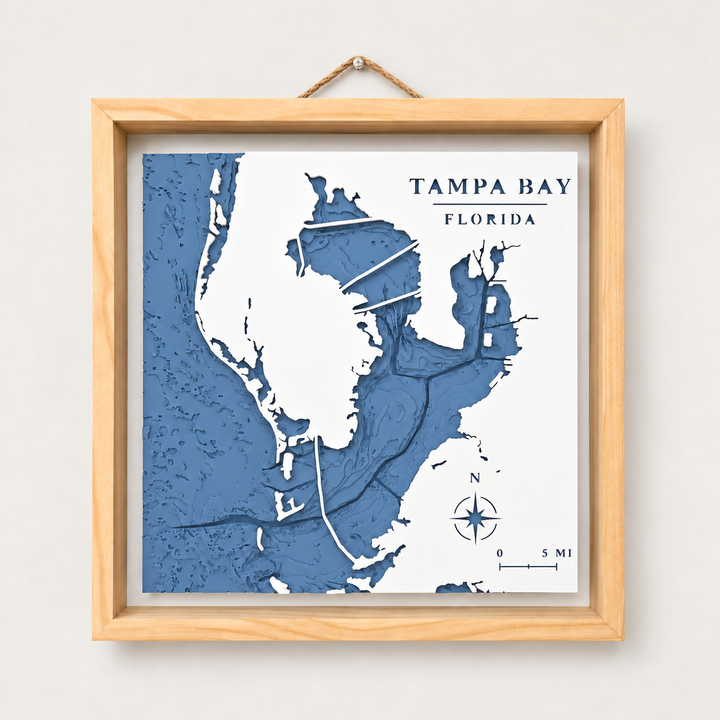 Tampa Bay depth map — Dusty Blue water panel, view 1, white land and natural wood frame