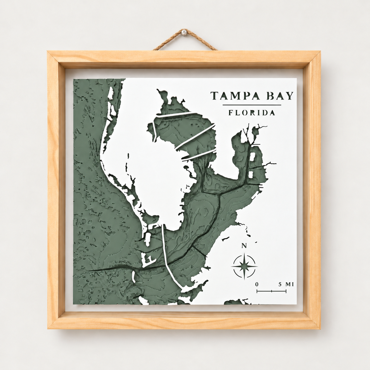 Tampa Bay depth map — Sage water panel, view 1, white land and natural wood frame