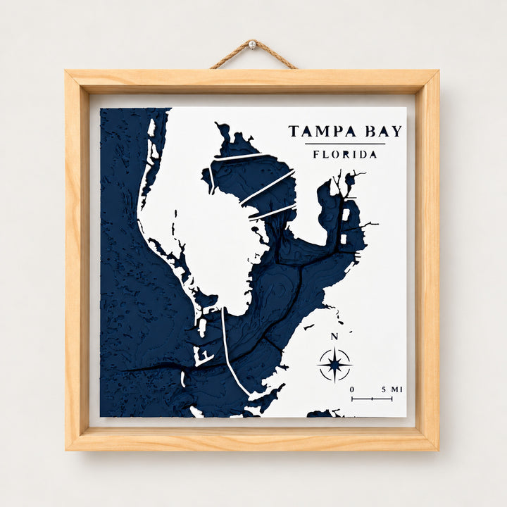 Tampa Bay Depth Map, full product view with natural wood frame and rope hanger