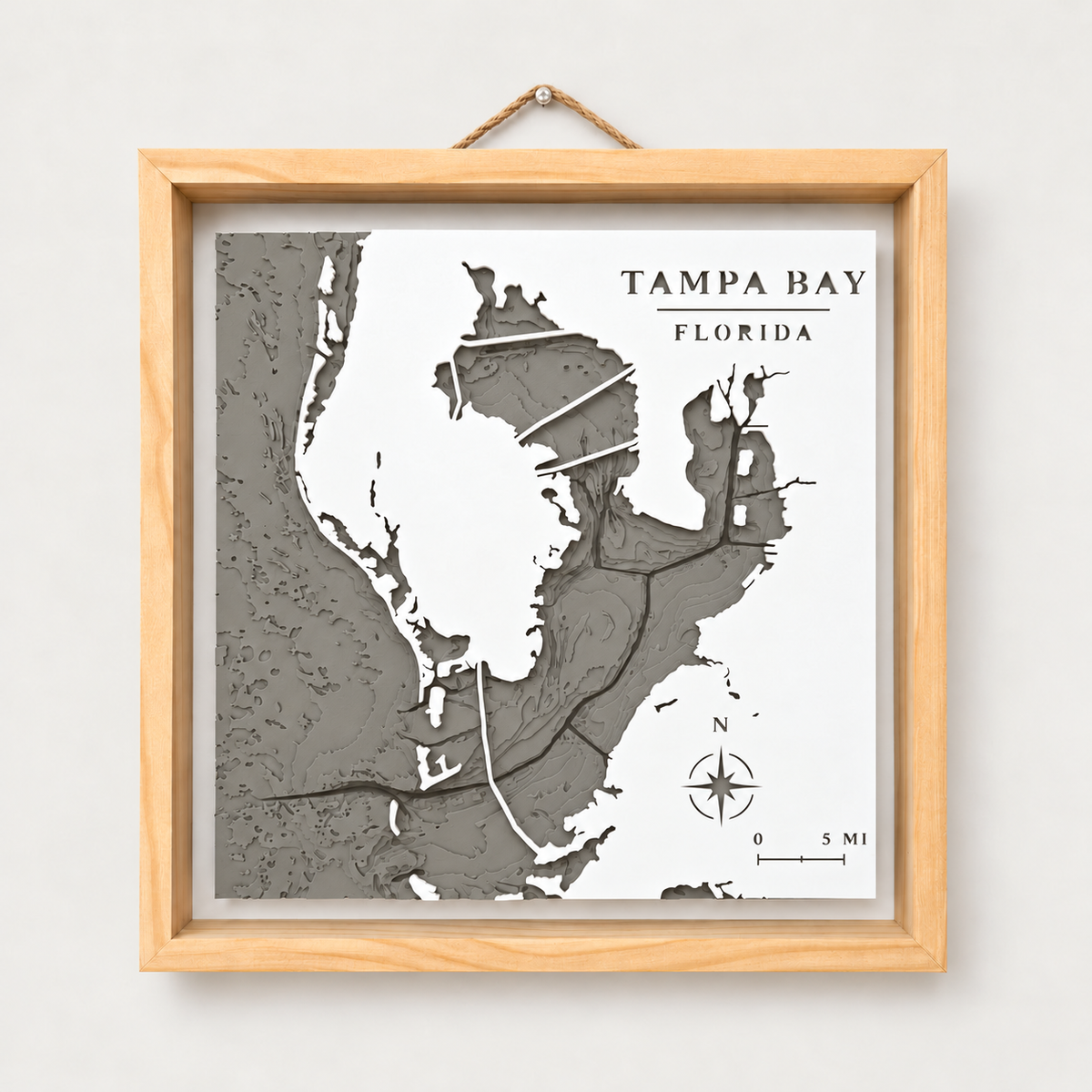 Tampa Bay depth map — Warm Stone water panel, view 1, white land and natural wood frame